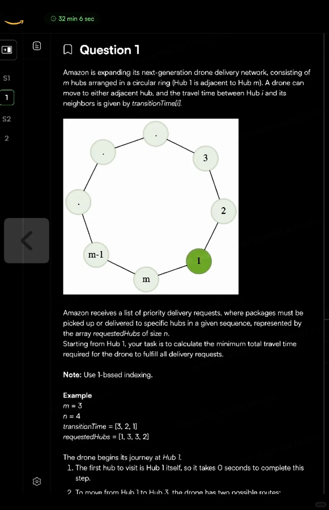 Diagram of a circular ring of drone hubs labeled 1,2,3,m-1,m around a circle; hub 1 is highlighted in green.
