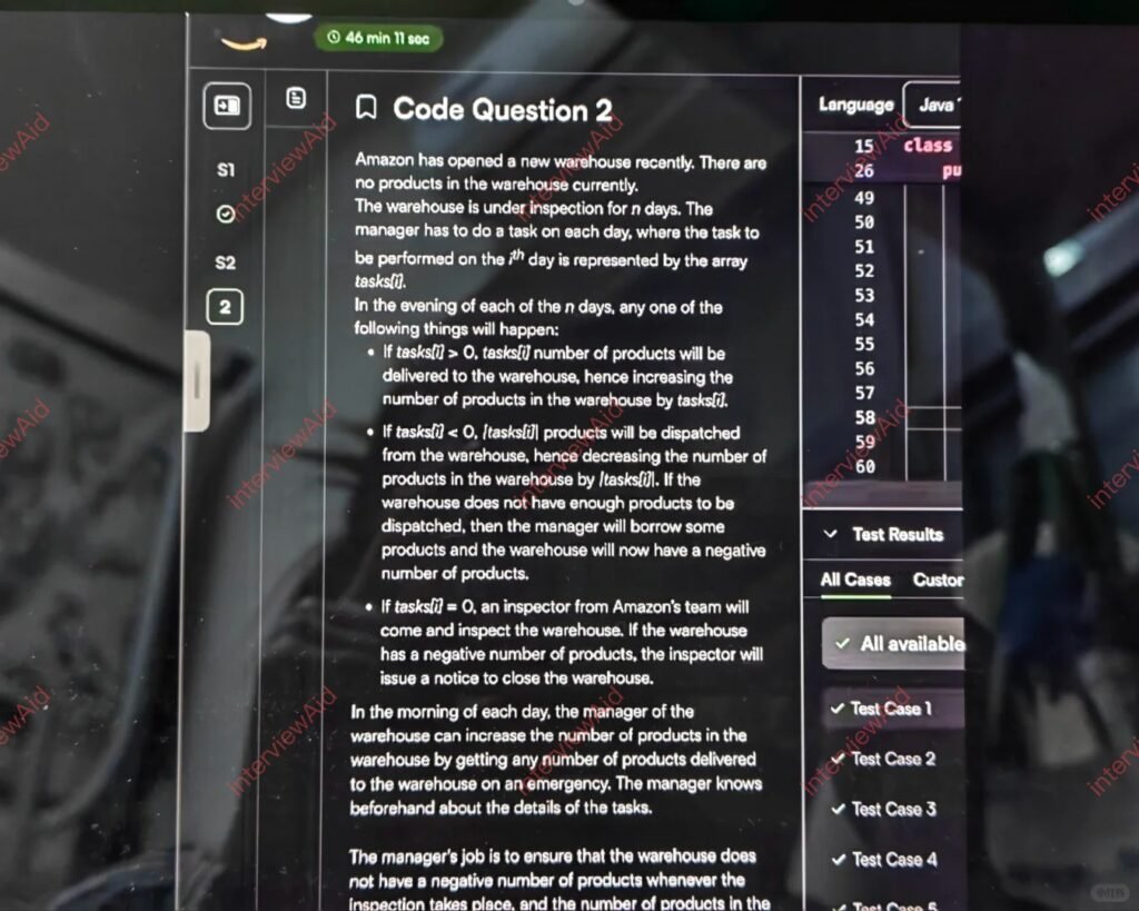 Screenshot of a UI titled 'Code Question 2' showing a warehouse-inspection scenario with bulleted rules, and a right panel listing test results and test cases.