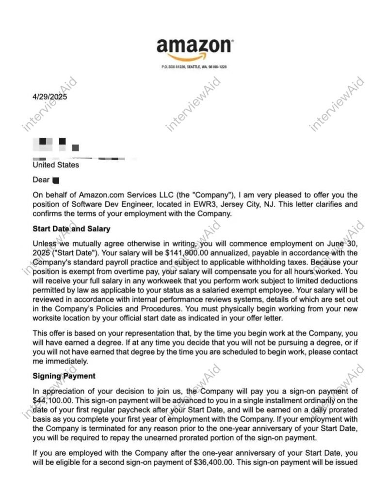 Amazon letter on company letterhead offering a Software Dev Engineer position in Jersey City, NJ, with start date June 30, 2025 and salary details (annualized pay and sign-on).