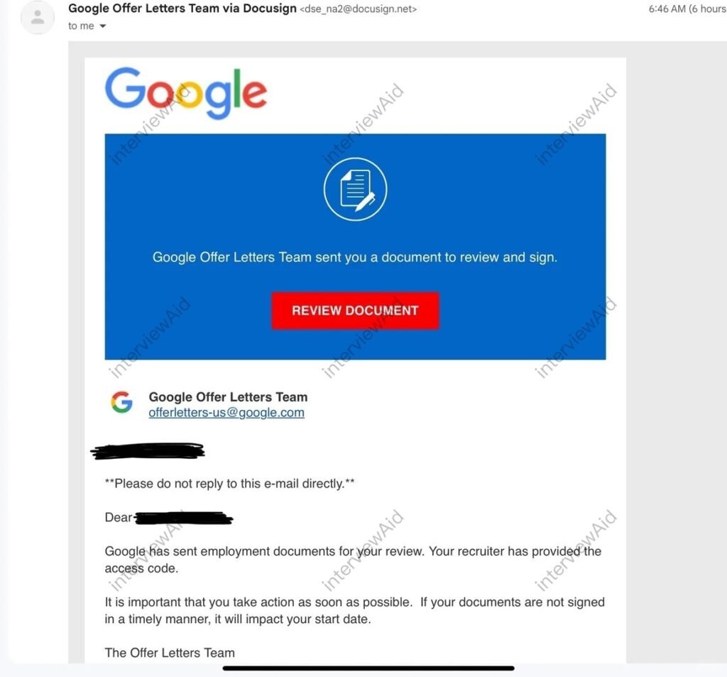 Screenshot of an email from Google Offer Letters Team via DocuSign showing a blue banner with 'Review Document' and a Google logo, about reviewing employment documents.