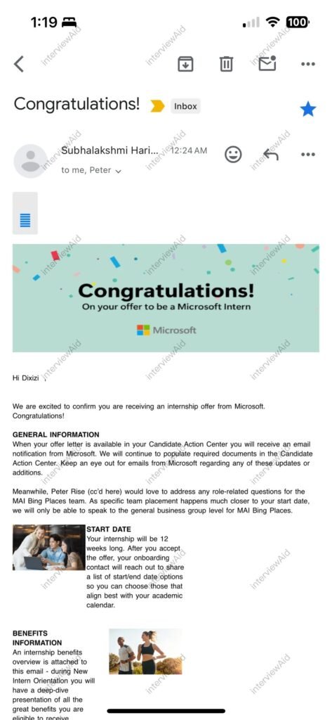 Mobile email screenshot announcing a Microsoft internship offer, with a celebratory banner reading 'Congratulations!' and 'On your offer to be a Microsoft Intern'