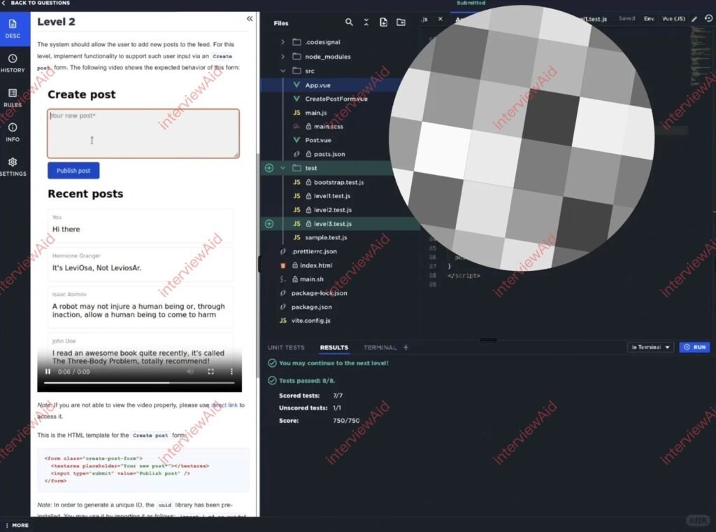 Split-screen: left side shows a UI with a 'Create post' form and 'Publish post' button, plus a 'Recent posts' list; right side displays a code editor with a project file tree and open files, overlaid by a large watermark.