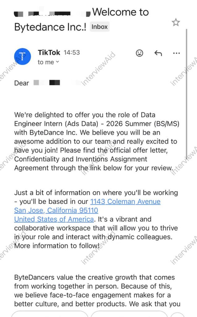 Email from TikTok inviting you to join ByteDance as a Data Engineer Intern for Summer 2026, with offer letter and office address link