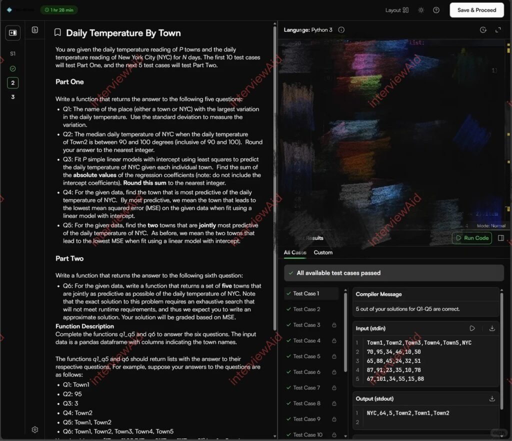 Screenshot of a dark coding notebook UI titled 'Daily Temperature By Town' with long descriptive text on the left (Part One and Part Two tasks) and a code editor/results panel on the right, including a 'Run Code' button and a 'Compiler Message' section.
