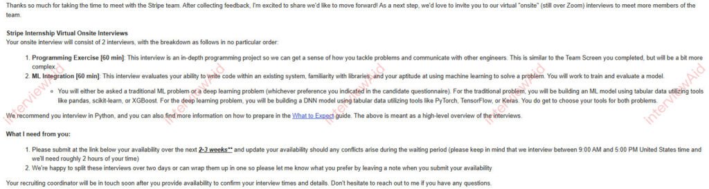 Email notifying about Stripe internship virtual onsite interviews, outlining two exercises ( Programming and ML Integration ) and scheduling details.